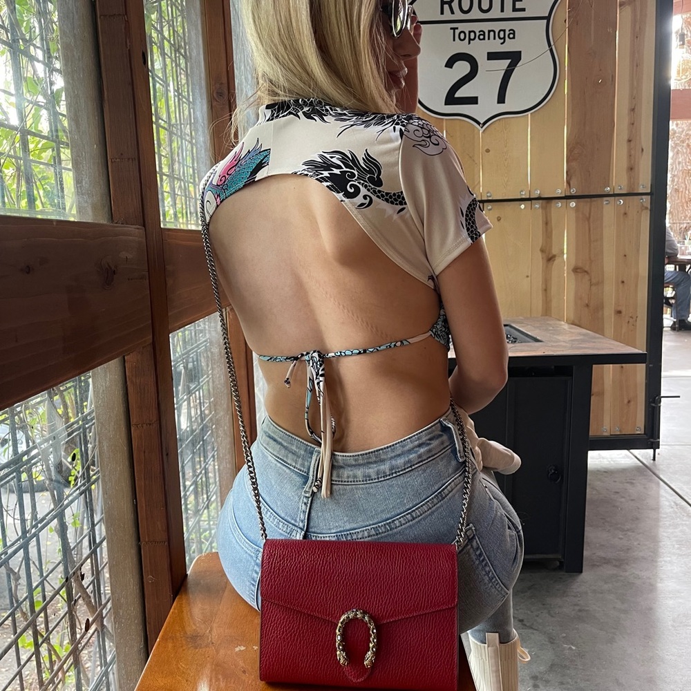 Dragon print open back crop top